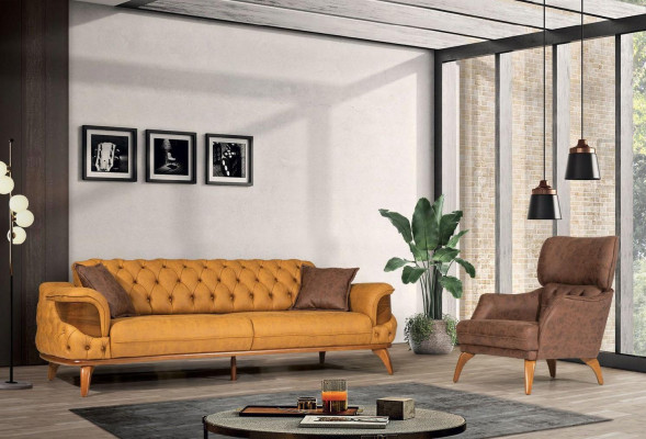 Moderne Chesterfield bankstel driezits Luxe banken fauteuil geel 2-delig