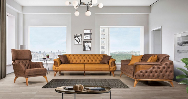Moderne Chesterfield bankstel driezits Luxe banken fauteuil geel 2-delig