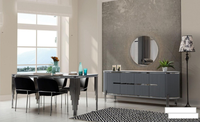 Grijze eetkamertafel Luxe eetgroep Eettafel Stoelen Dressoir 6-delig