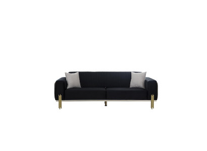 Moderne zwarte driezitsbank met roestvrijstalen bekleding, bankontwerp.