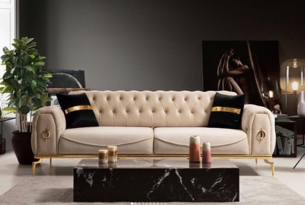 Bankstel Luxe Chesterfield Zitgroep Driepersoons Zwart 3+3 Zitplaatsen