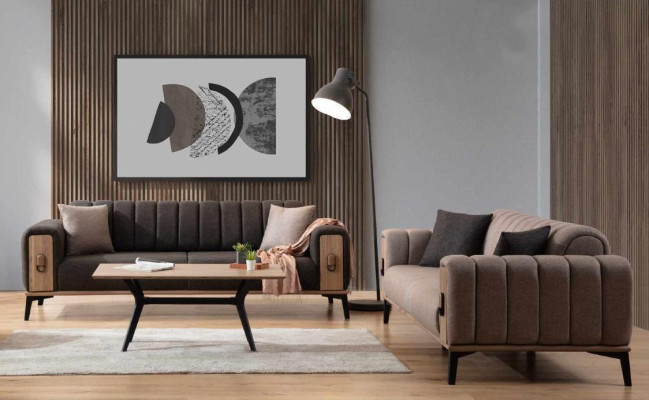 Bruine bankstel 2x driezits luxe set meubels banken banken houten frame