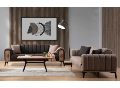 Bruine bankstel 2x driezits luxe set meubels banken banken houten frame