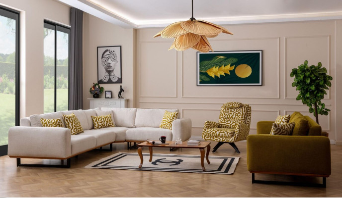 Designer woonkamerset 3-delig. Bankstel 4 + 1 zit hoekbank L-vormig Modern