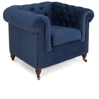 Designer fauteuil 1-zits blauw leder textiel luxe club loungebank Chesterfield