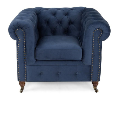 Designer fauteuil 1-zits blauw leder textiel luxe club loungebank Chesterfield