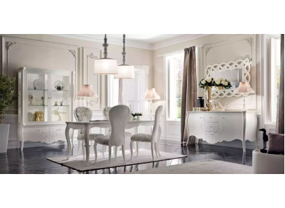 Eetkamer set 8-delig. Eettafel 4x stoelen dressoir spiegelset wit