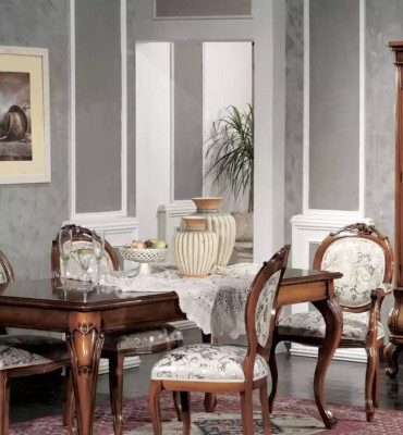 Klassieke eetkamerset houten meubels Eettafel 4x stoelen Vitrine 6-delig