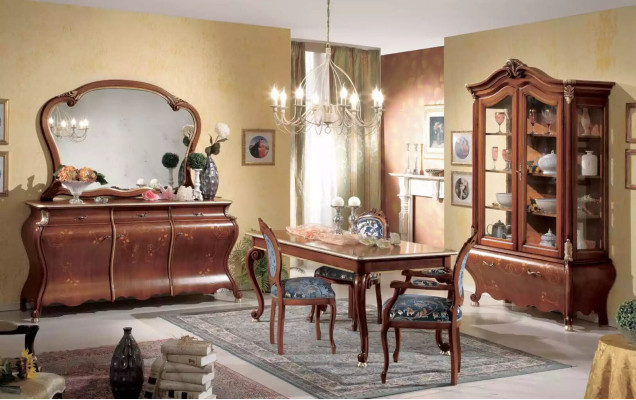 Grote eetkamerset, luxe meubels, eettafel, 4 stoelen, dressoir, spiegel, 8-delig.