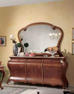 Grote eetkamerset, luxe meubels, eettafel, 4 stoelen, dressoir, spiegel, 8-delig.