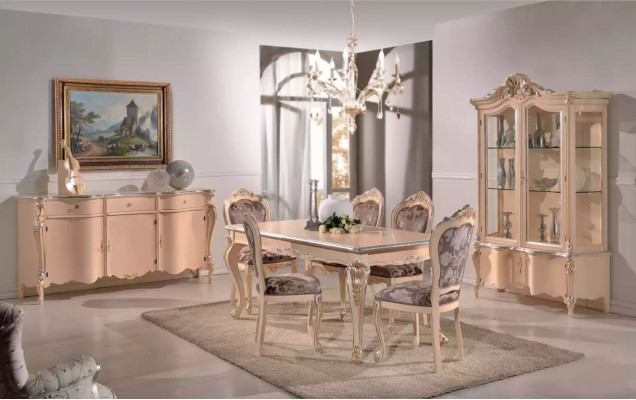 Eetkamer meubels Eettafel Vitrine Ladenkast 4x Stoelen Eetgroepen 7-delige set.