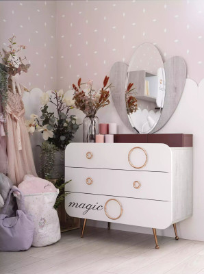 Witte houten ladekast 3 laden Designer spiegel kinderkamer set 2-delig