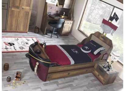 Piraat functioneel kinderbed bruin hout set nachtkastje bedden bed
