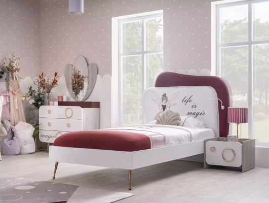 Designer kinderkamer set bed spiegel ladekast nachtkastjes roze hout