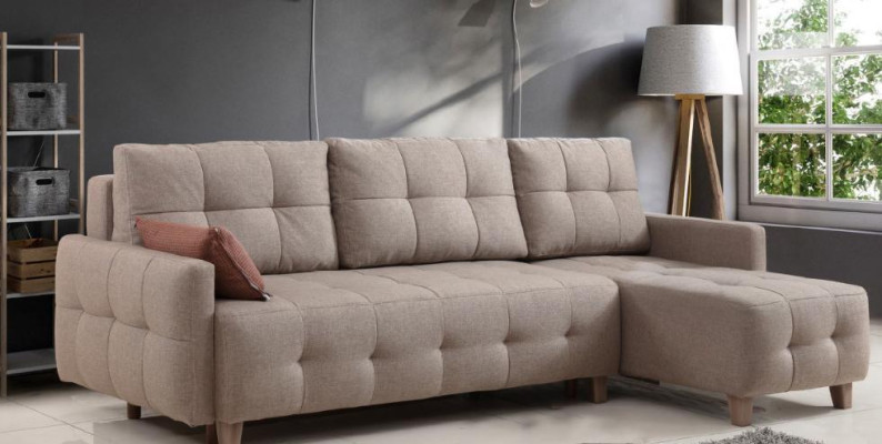 Beige hoekbank gestoffeerde woonlandschap textielbankstel L-vorm set nieuw