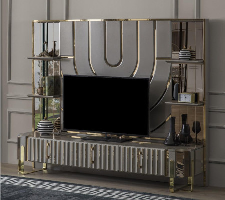 TV-standaard RTV Lowboard dressoir woonkamer goud grijs luxe hout nieuw