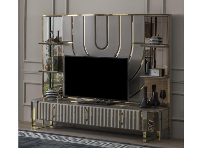 TV-standaard RTV Lowboard dressoir woonkamer goud grijs luxe hout nieuw