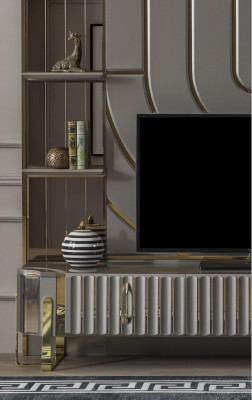 TV-standaard RTV Lowboard dressoir woonkamer goud grijs luxe hout nieuw
