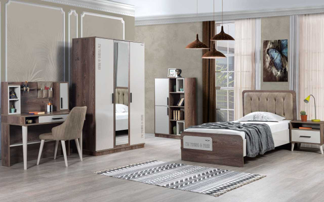 Compleet jeugdkamerset bed boekenkast nachtkastje houten meubels 5-delig