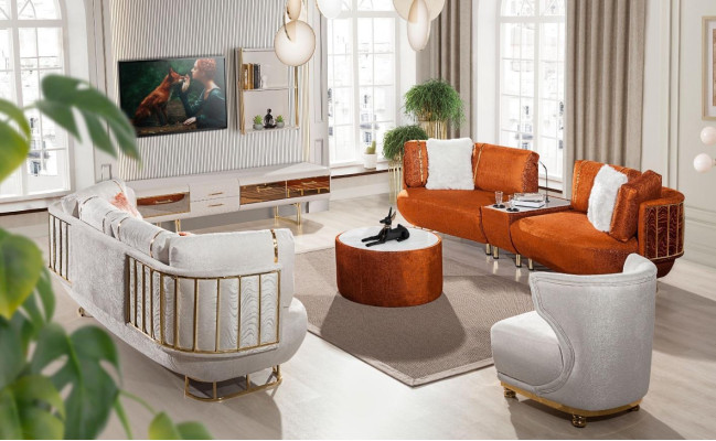 Moderne oranje-witte woonkamer meubels Driepersoons bank Tafel van houten meubels