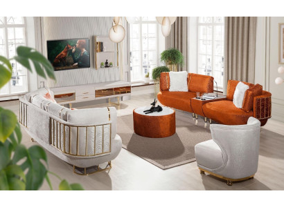 Moderne oranje-witte woonkamer meubels Driepersoons bank Tafel van houten meubels