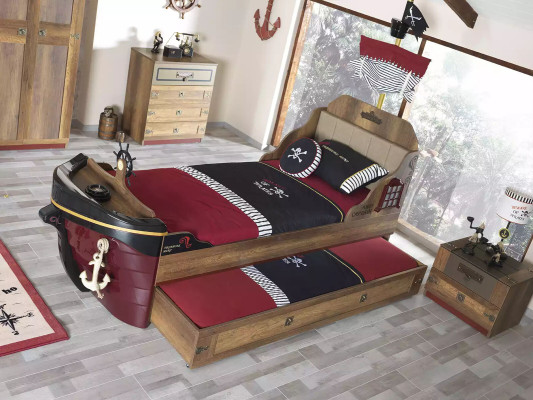 Set piratenbedframe kinderbed hout bruin 3-delig set kinderkamer