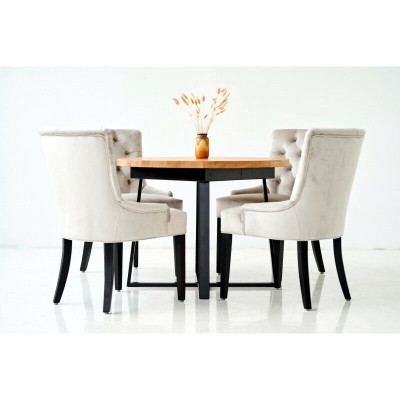 Eettafel + 4 Chesterfield stoelen houten zitting stoffering set