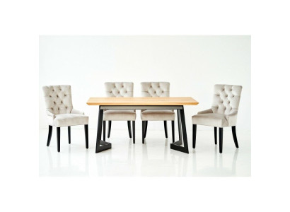 Bruine houten tafel met metalen frame, ontwerper x6 Chesterfield stoelen Luxe 7-delige set.