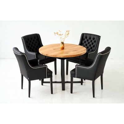 Moderne eetkamermeubels, luxe ronde houten tafel + x6 Chesterfield leren stoelen 7-delige set