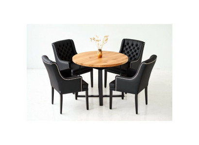 Moderne eetkamermeubels, luxe ronde houten tafel + x6 Chesterfield leren stoelen 7-delige set