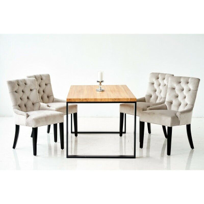 Bruine rechthoekige eettafel met moderne witte x6 Chesterfield stoelen