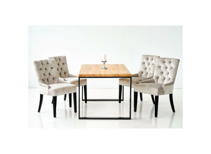 Bruine rechthoekige eettafel met moderne witte x6 Chesterfield stoelen