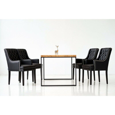 Bruin metalen eettafel met ontwerper x6 Chesterfield gestoffeerde stoelen 7-delige set.
