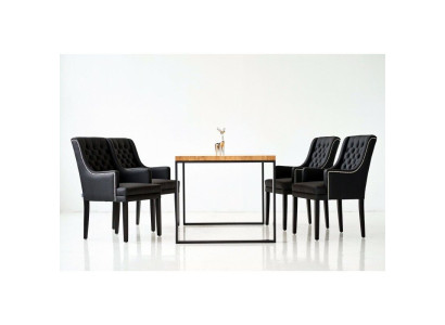 Bruin metalen eettafel met ontwerper x6 Chesterfield gestoffeerde stoelen 7-delige set.