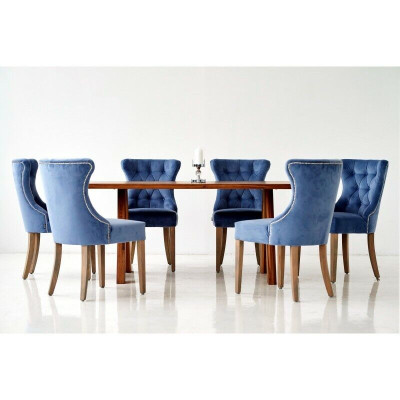 Rechthoekige houten tafel Designer x6 Chesterfield Blauwe stoelen 7-delige eetkamerset