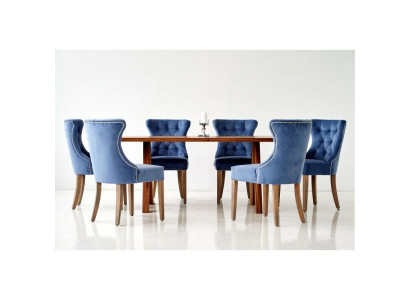 Rechthoekige houten tafel Designer x6 Chesterfield Blauwe stoelen 7-delige eetkamerset
