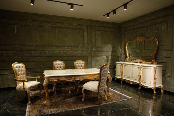 Witte-Gouden Eetkamer meubels Ontwerper Tafel 4 stoelen Dressoir 7-delig