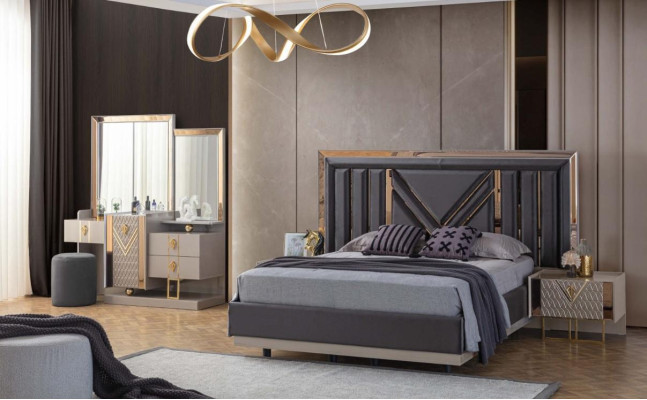 Compleet slaapkamer set Grijze bed Kaptafel met spiegel
