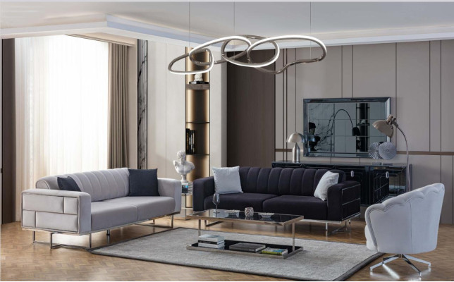 Grijze woonkamerbanken Designer gestoffeerde driezits stoffen fauteuil 3-dlg.