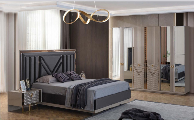 Grijze slaapkamer meubels - tweepersoonsbed, kledingkast, nachtkastjes 4-delige set