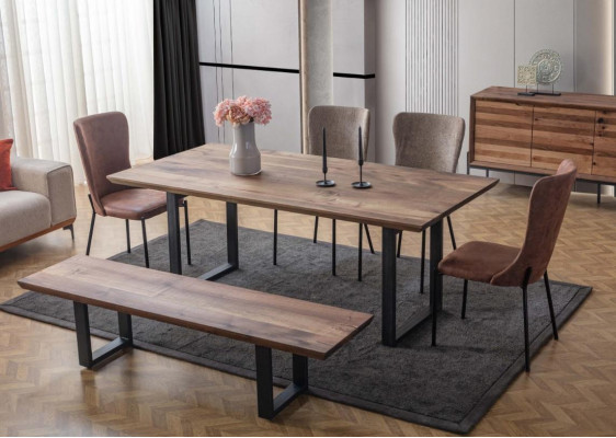 Bruine eetkamermeubelen Luxe eettafel 4x stoelen met kussens Houten bank