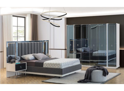 Designer slaapkamer set met tweepersoonsbedden, nachtkastje en kledingkast.