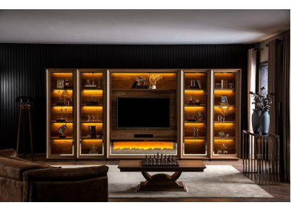 Luxe woonkamer Set Aan de muur Vitrinekast Woonwanden met open haard Salontafel