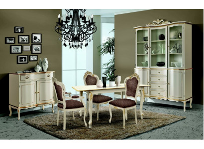 Luxe eetkamerset, 6 delen, wit houten meubilair, commode, 3 stoelen, tafel