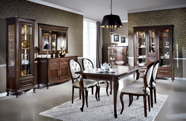 Donkerbruine houten eettafel Klassieke leren Chesterfield stoelen Designer 5-delige set