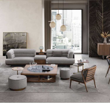 Luxe woonkamerset Grijs bankstel met fauteuil 2x poef Modern design