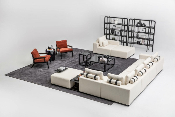 Moderne witte bankstel hoekbank woonlandschap fauteuil 4-delig stoffen bankstel