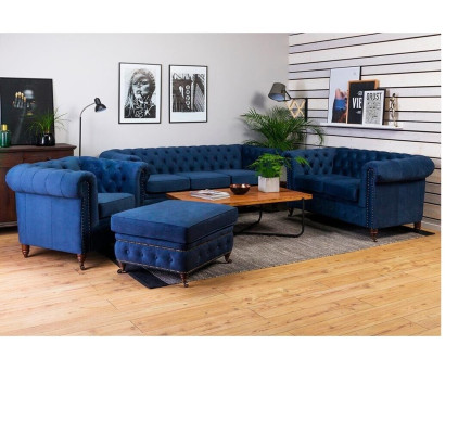 Sofaset 3+1-zits bankstellen Bank Bekleding Blauw stel Klassieke banken
