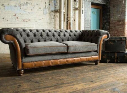 XXL bank 3-zitsbank Chesterfield gestoffeerde zitgroep leder textiel Nieuw Grijs  XXL bank 3-zits Chesterfield gestoffeerde zitgroep leer textiel Nieuw Grijs