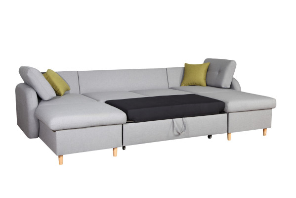 Woonlandschap hoekbank stof U-vorm slaapfunctie bank design decoratie bekleding